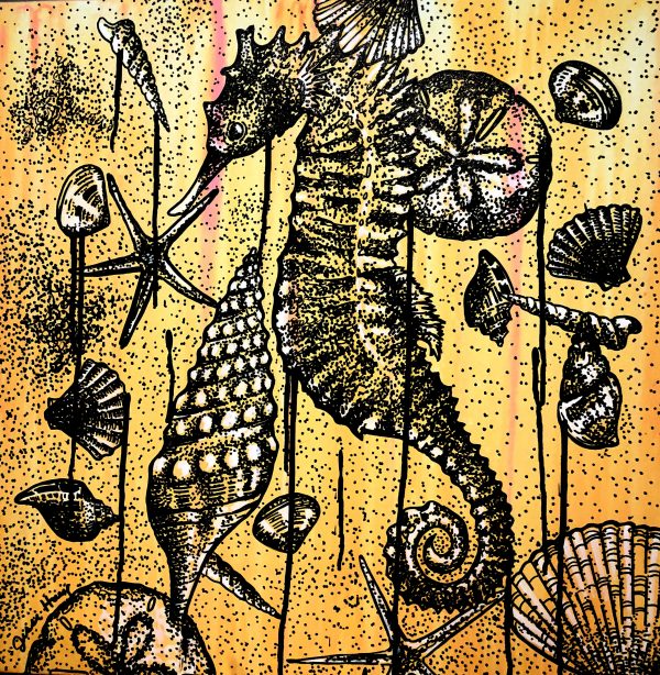 orange seahorses painting by jessi lee huey